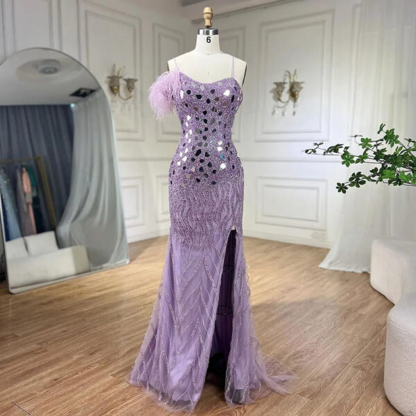 Nove Dress Lilac Beaded Feather Mermaid Evening Dress - Style LA72212A 1 - Nove Dress