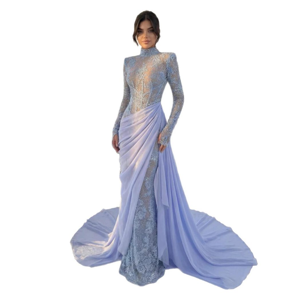 Nove Dress Lilac Beaded High Neck Mermaid Evening Dress