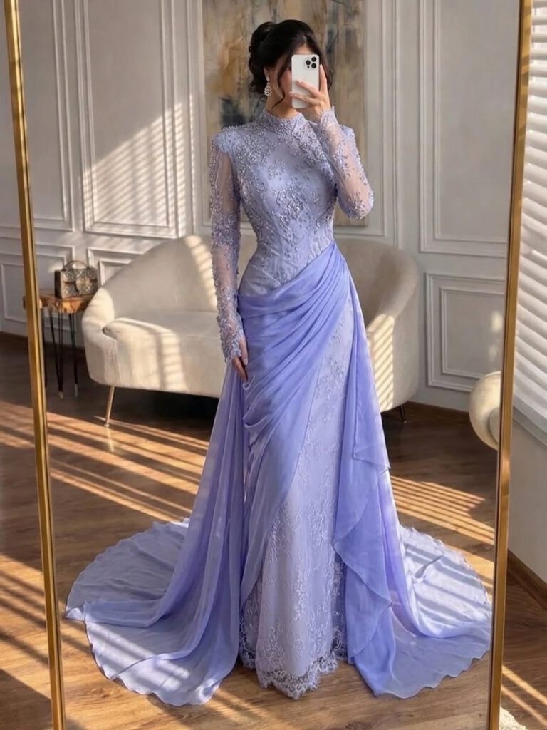 Nove Dress Lilac Beaded High Neck Mermaid Evening Dress