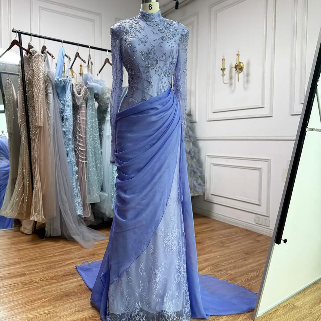 Nove Dress Lilac Beaded High Neck Mermaid Evening Dress