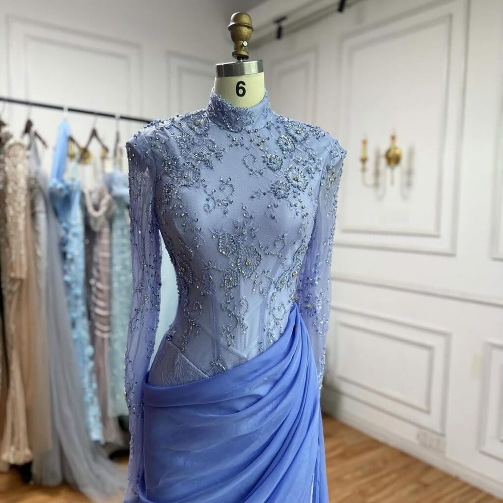 Nove Dress Lilac Beaded High Neck Mermaid Evening Dress
