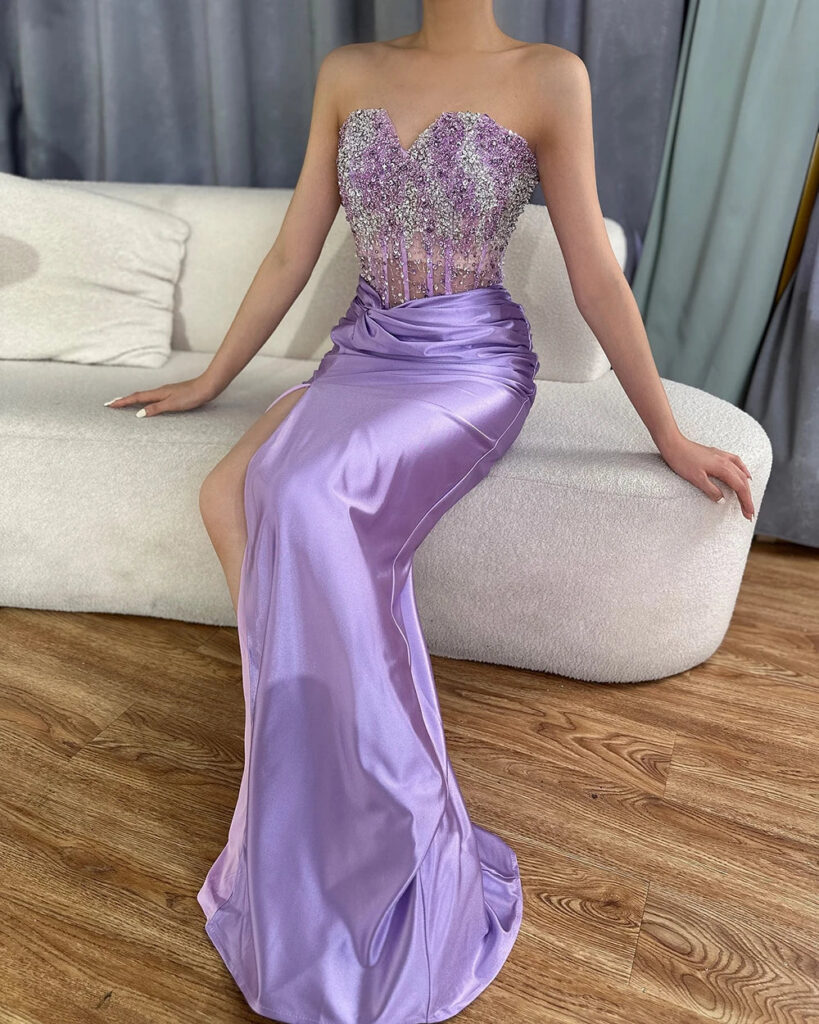 Nove Dress Lilac Beaded High Slit Mermaid Arabic Evening Dress