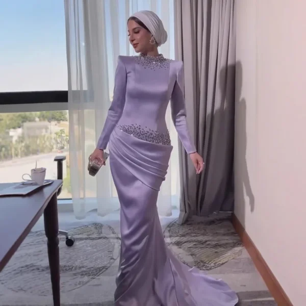 Nove Dress Lilac Beaded Long Sleeve High Neck Modest Evening Dress 1 - Nove Dress