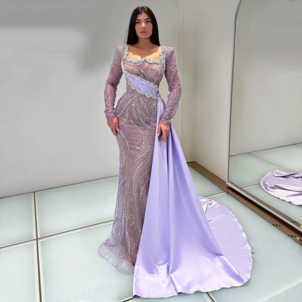 Nove Dress Lilac Beaded Satin Overskirt Mermaid Arabic Evening Dress 1 - Nove Dress