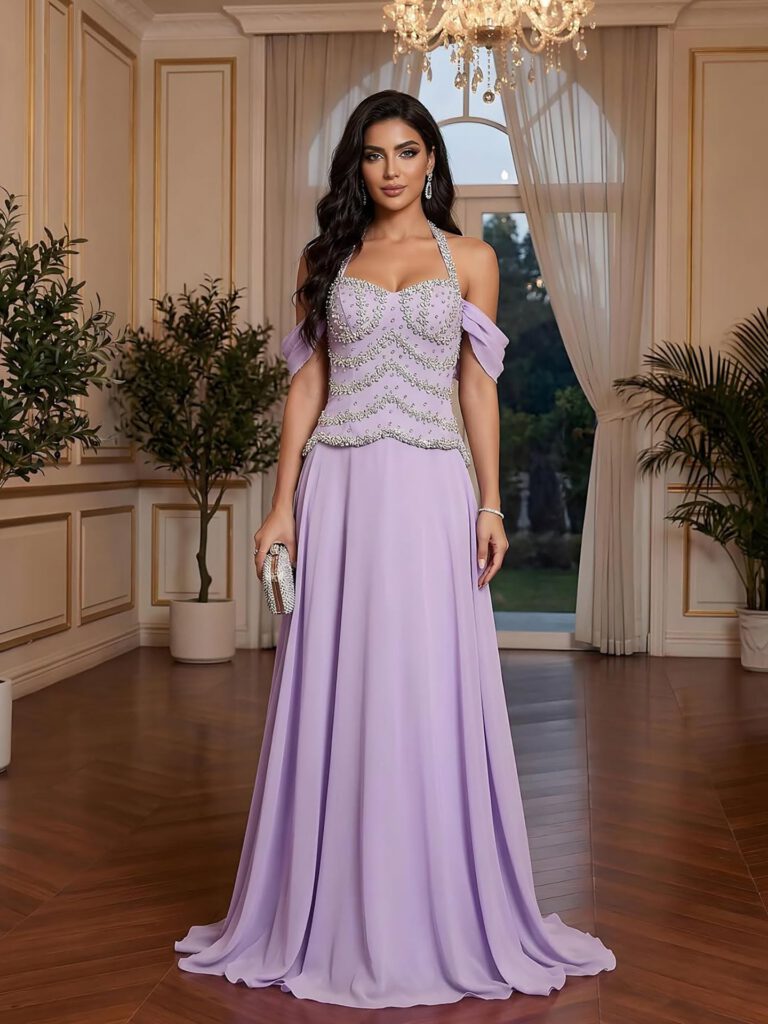 Nove Dress lila A-lijn avondjurk met kristalborduurwerk en chiffon in Arabische stijl