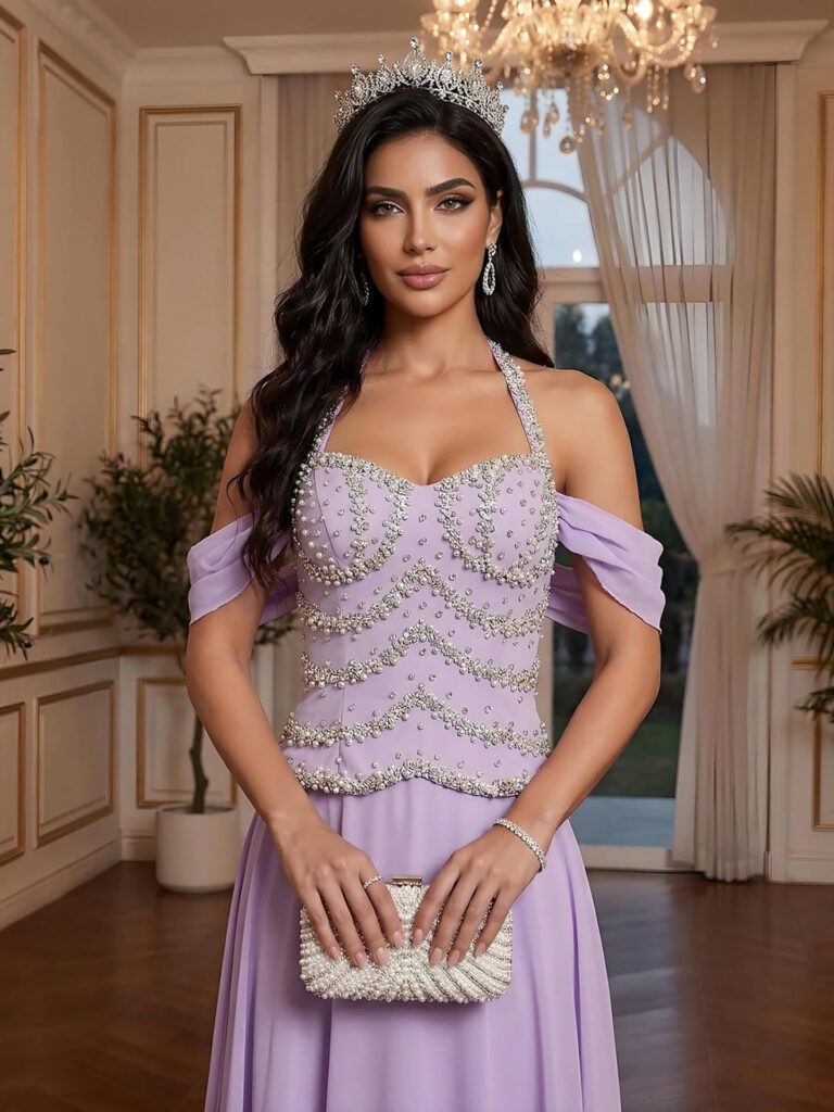 Nove Dress lila A-lijn avondjurk met kristalborduurwerk en chiffon in Arabische stijl