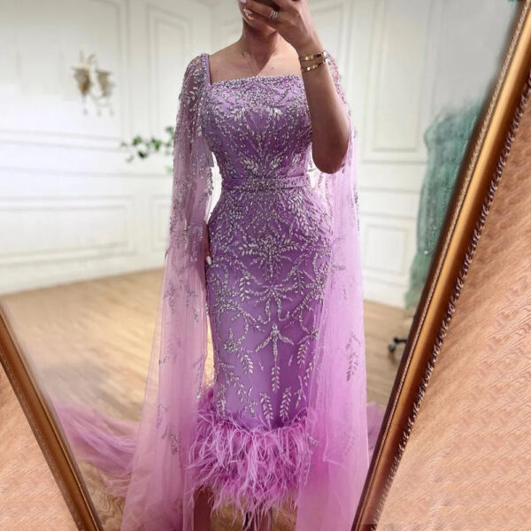 Nove Dress Lilac Feather Cape Sleeve Arabic Evening Dress 1 - Nove Dress