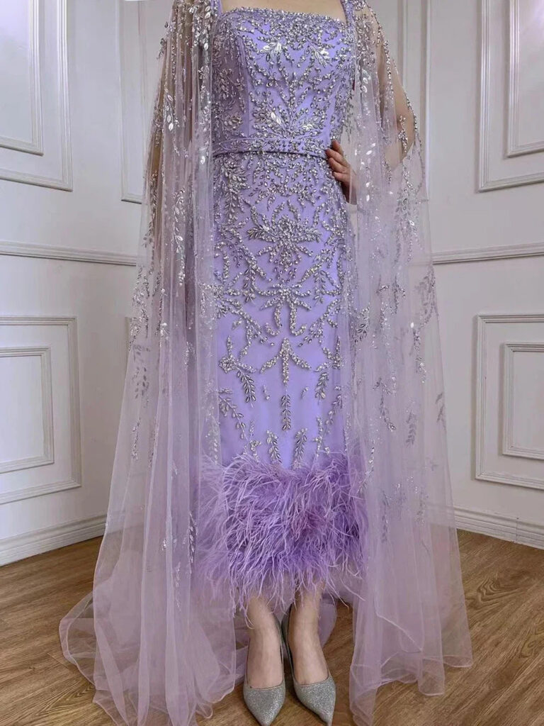 Nove Dress Lilac Feather Cape Sleeve Arabic Evening Dress