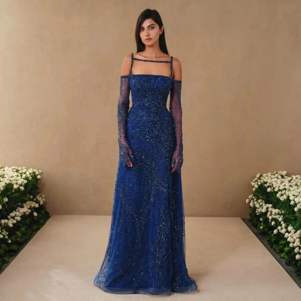 Nove Dress Navy Blue Beaded A-Line Arabic Evening Dress 1 - Nove Dress
