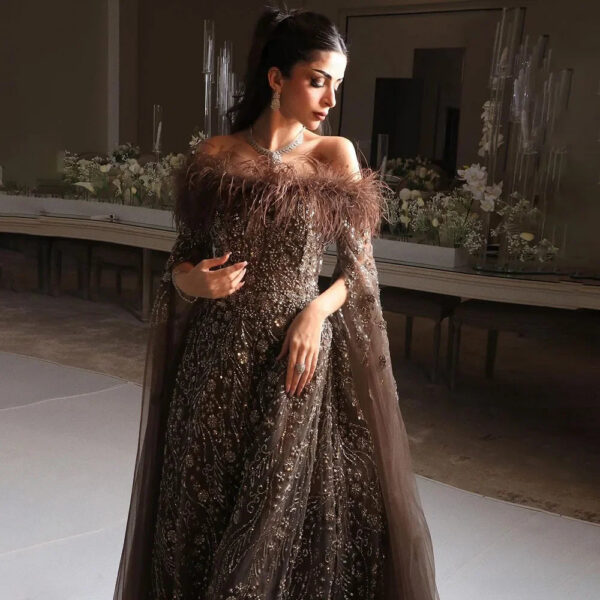 Nove Dress Navy Blue Feather Cape Sleeve Off Shoulder Evening Dress 1 - Nove Dress