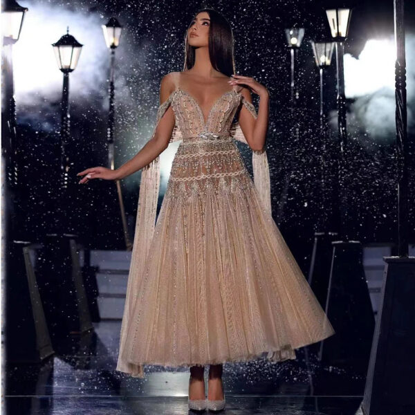 Nove Dress Nude Beaded A-Line Arabic Evening Dress - Style LA71911 1 - Nove Dress
