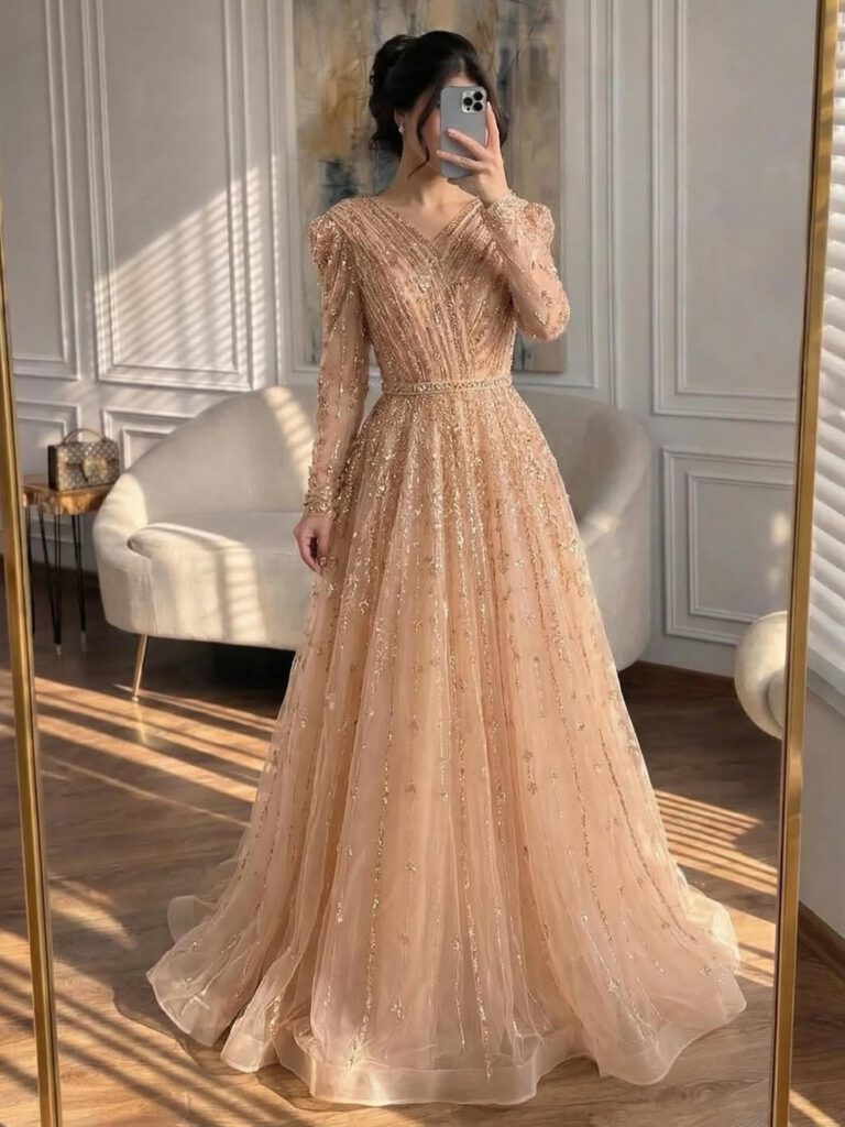 Nove Dress Nude Beaded A-Line Evening Dress - Style