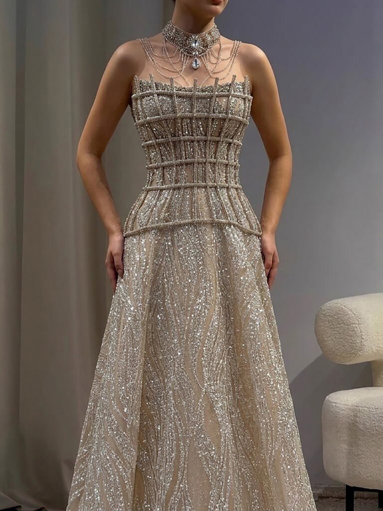 Nove Dress nude A-Linie Abendkleid mit Perlenstickerei