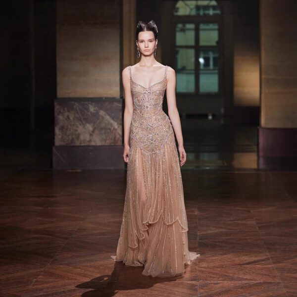 Nove Dress Nude Beaded A-Line Evening Dress - Style LA73189 1 - Nove Dress
