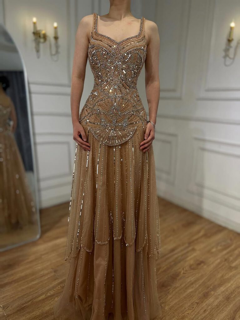 Nove Dress Nude Beaded A-Line Evening Dress - Style