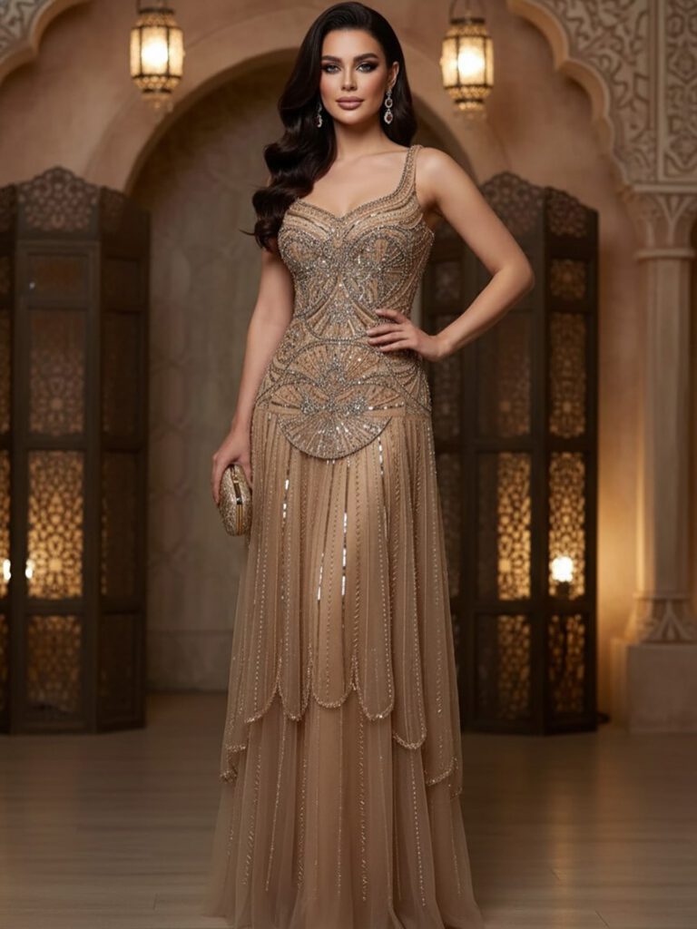 Nove Dress Nude Beaded A-Line Evening Dress - Style