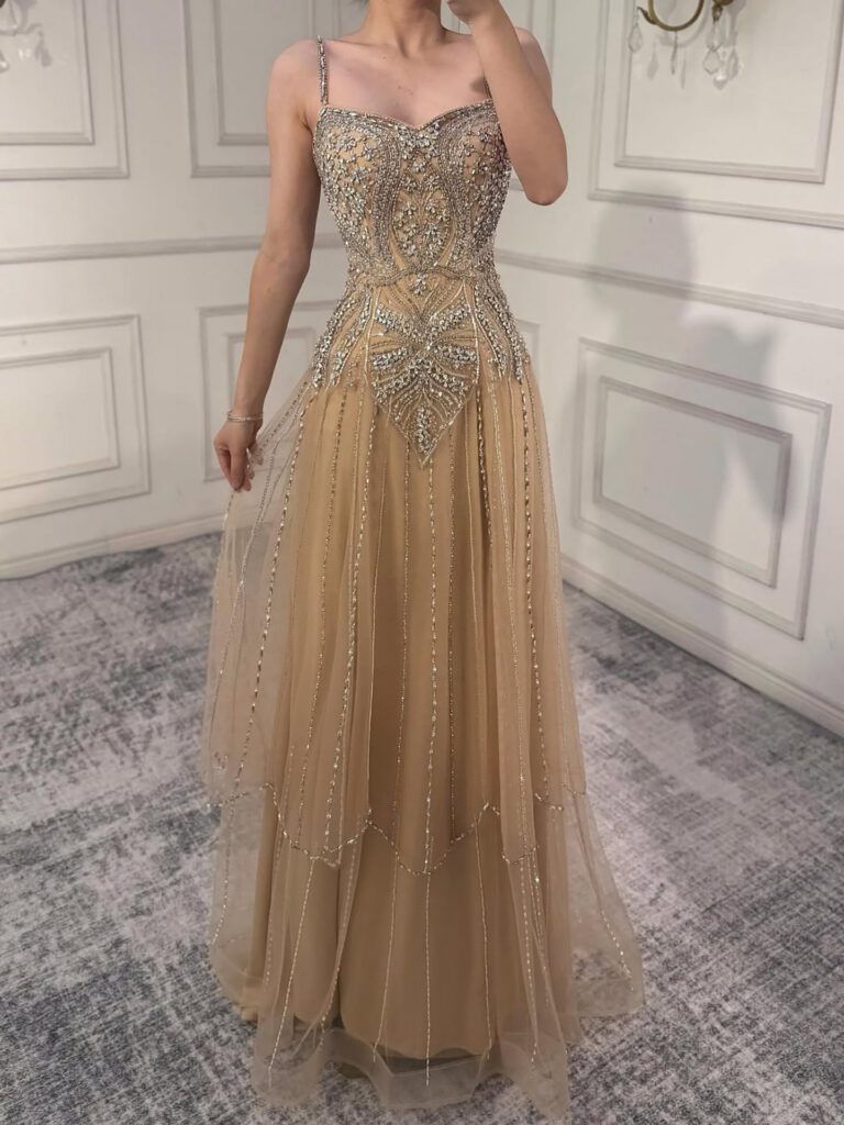 Nove Dress Nude Beaded A-Line Evening Dress - Style