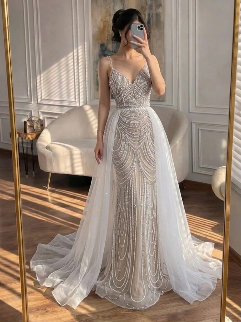 Nove Dress nude avondjurk met borduurwerk in Arabische stijl