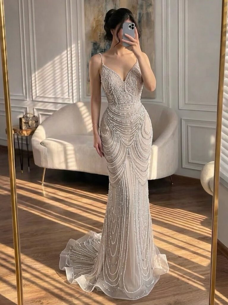 Nove Dress nude avondjurk met borduurwerk in Arabische stijl