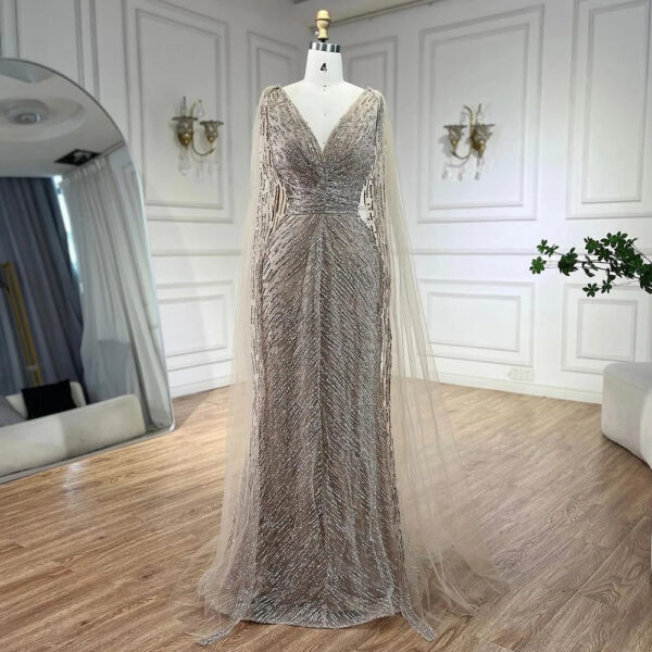 Nove Dress Nude Beaded Cape Sleeve A-Line Arabic Evening Dress 1 - Nove Dress