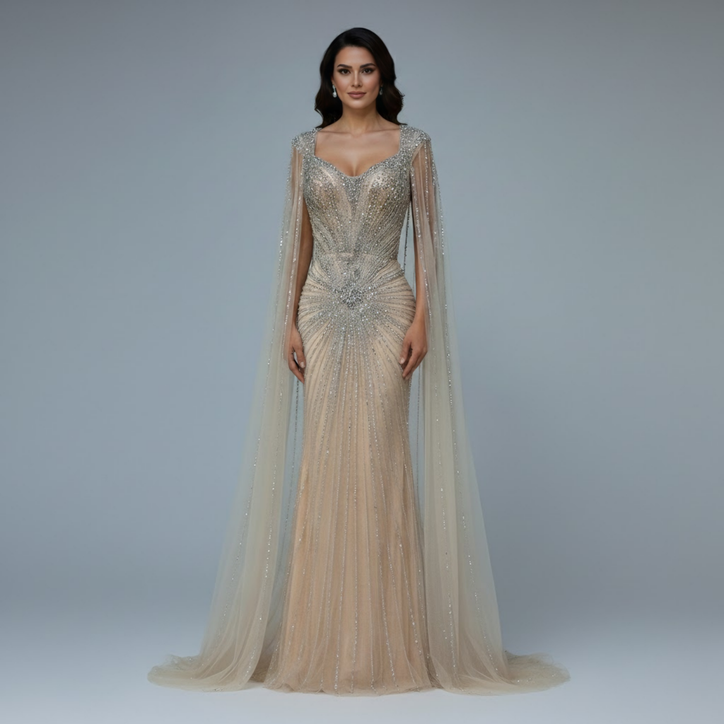 Nove Dress Nude Beaded Cape Sleeve Arabic Evening Dress