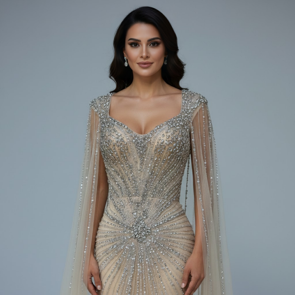 Nove Dress Nude Beaded Cape Sleeve Arabic Evening Dress