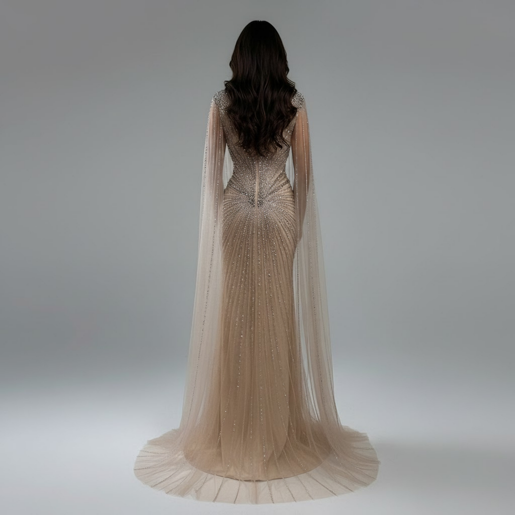 Nove Dress Nude Beaded Cape Sleeve Arabic Evening Dress