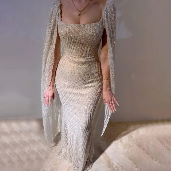 Nove Dress Nude Beaded Cape Sleeve Mermaid Arabic Evening Dress 1 - Nove Dress