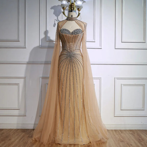 Nove Dress Nude Beaded Cape Sleeve Mermaid Evening Dress - Style LA72811A 1 - Nove Dress