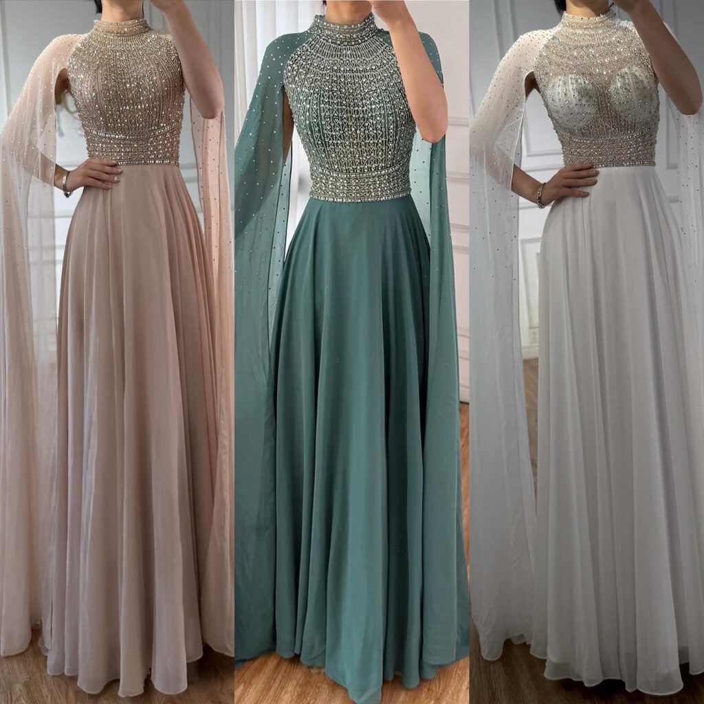 Nove Dress nude avondjurk met borduurwerk en chiffon