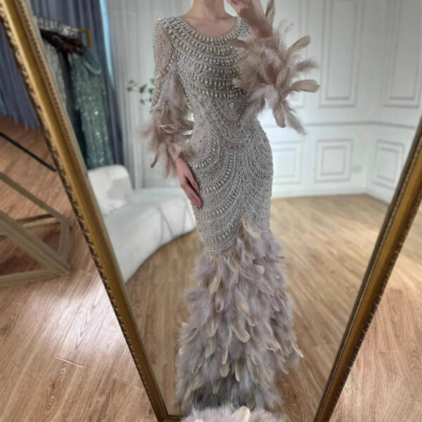 Nove Dress Nude Beaded Feather Arabic Evening Dress 1 - Nove Dress