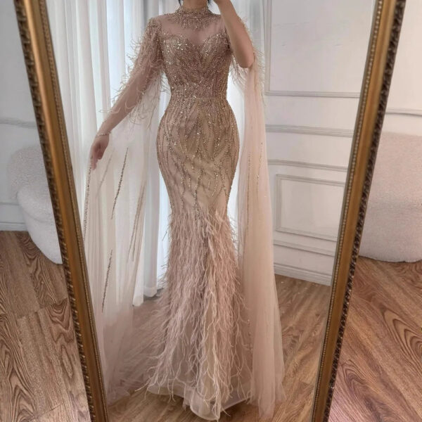Nove Dress Nude Beaded Feather High Neck Evening Dress 1 - Nove Dress