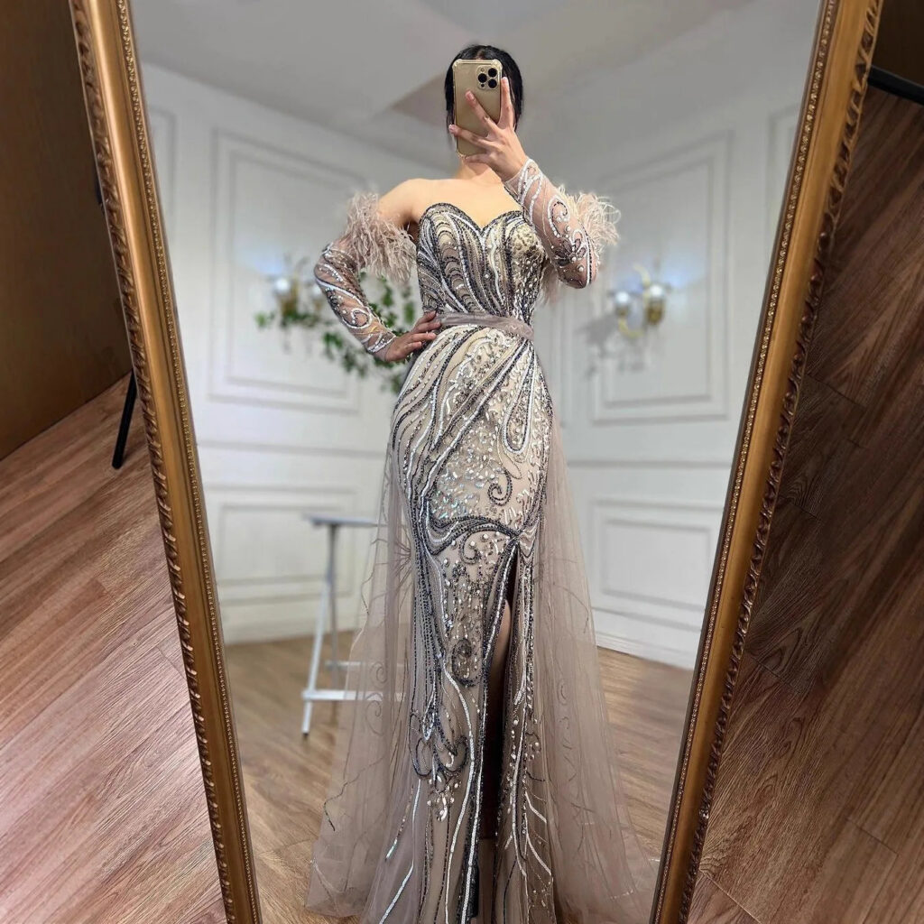 Nove Dress Nude Beaded Feather High Slit Mermaid Arabic Evening Dress
