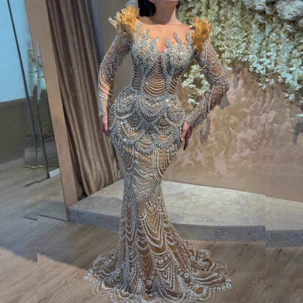 Nove Dress Nude Beaded Feather Long Sleeve Mermaid Evening Dress 1 - Nove Dress