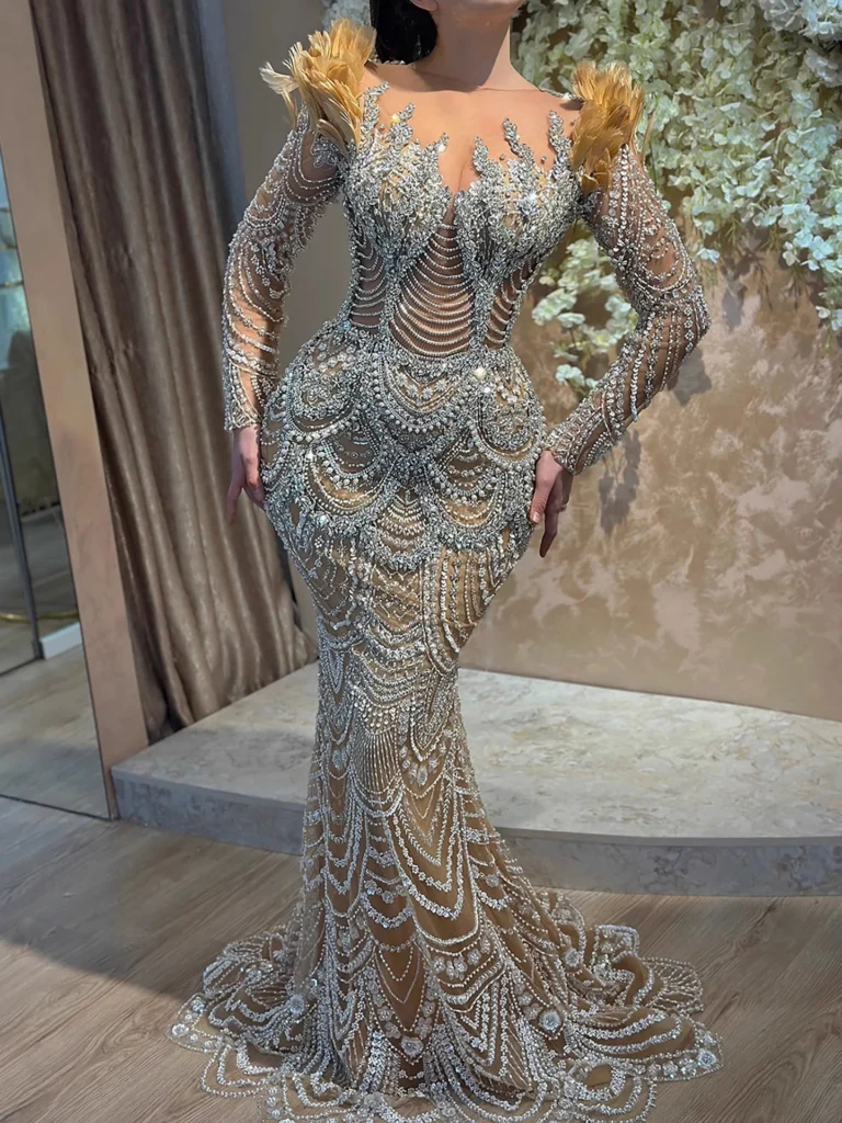Nove Dress Nude Beaded Feather Long Sleeve Mermaid Evening Dress