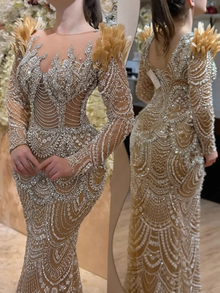 Nove Dress Nude Beaded Feather Long Sleeve Mermaid Evening Dress