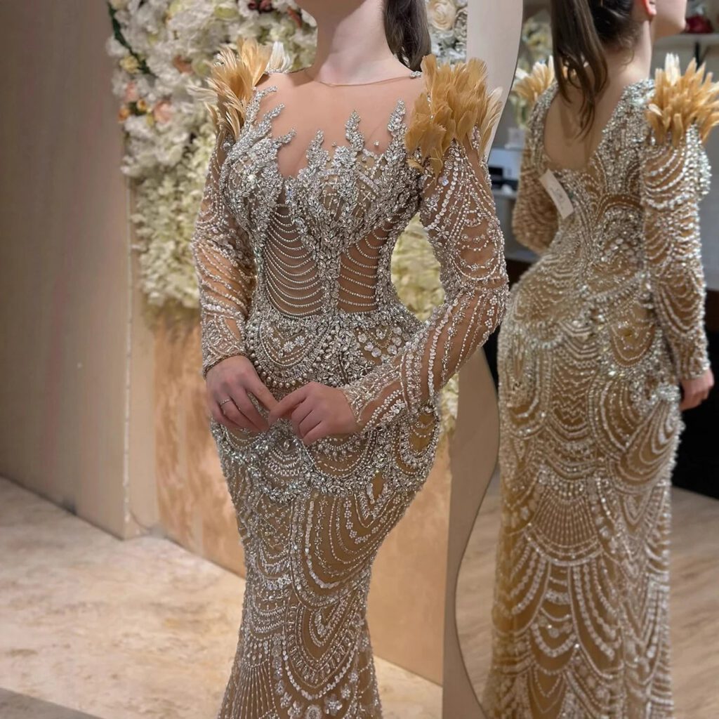 Nove Dress Nude Beaded Feather Long Sleeve Mermaid Evening Dress