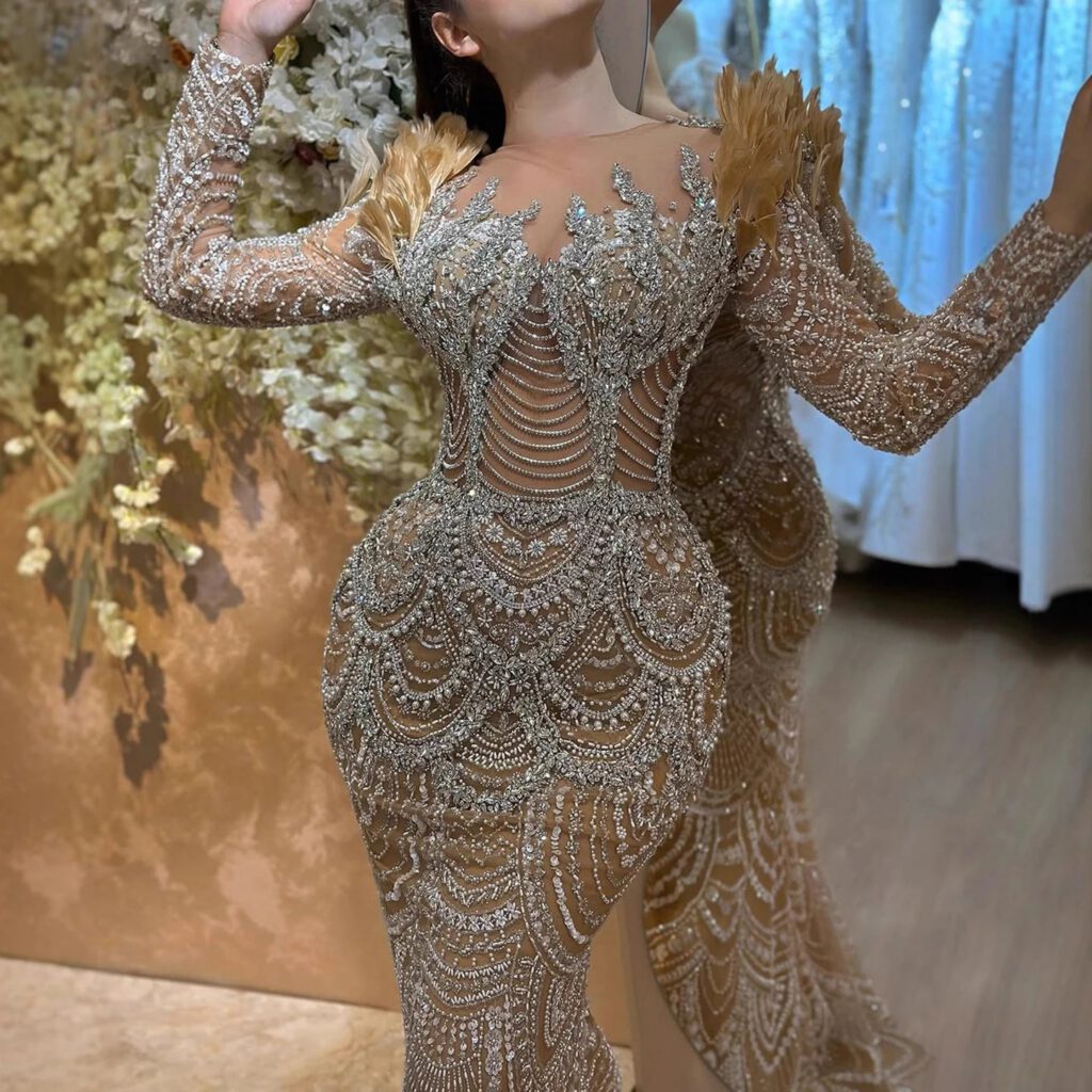 Nove Dress Nude Beaded Feather Long Sleeve Mermaid Evening Dress