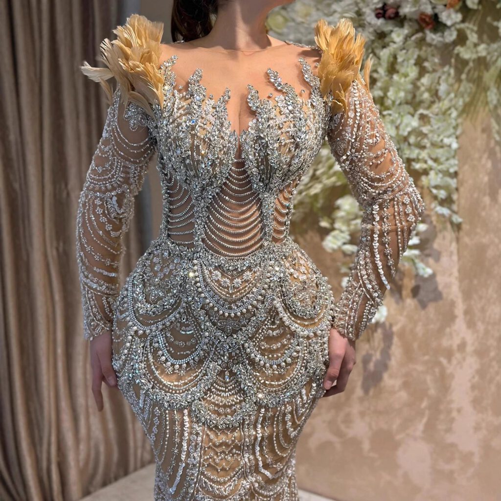 Nove Dress Nude Beaded Feather Long Sleeve Mermaid Evening Dress