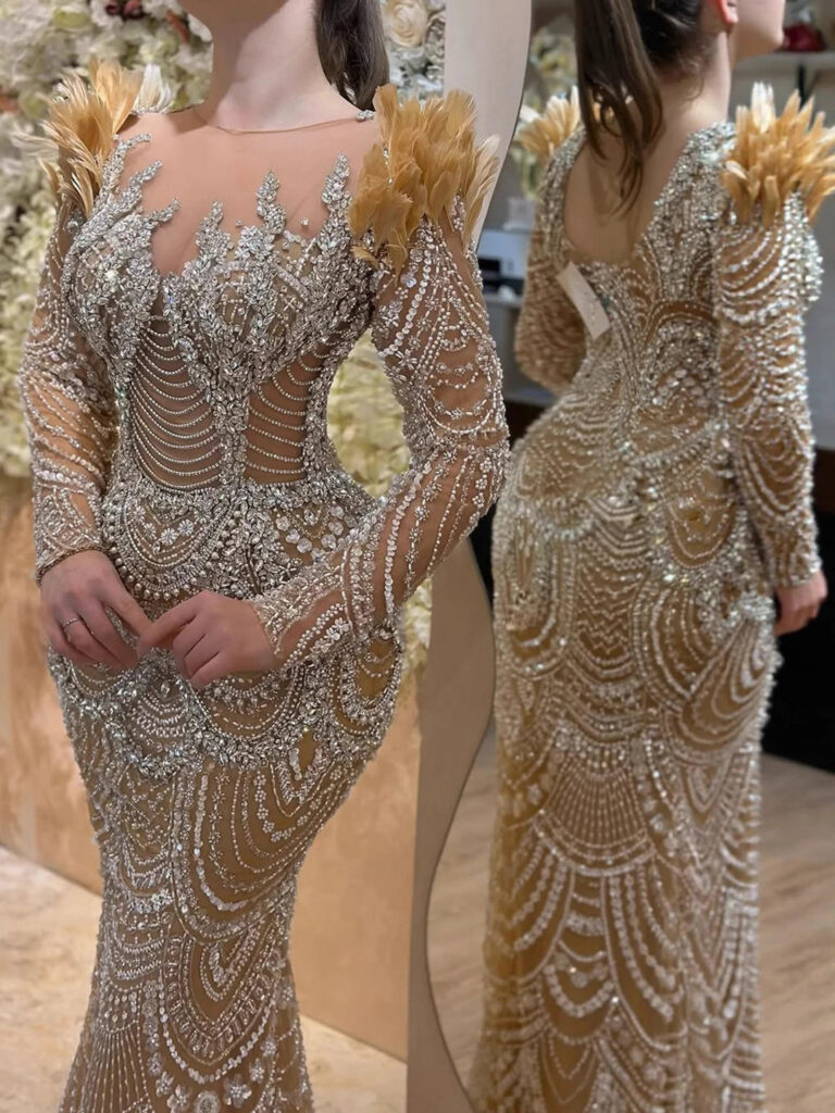 Nove Dress Nude Beaded Feather Long Sleeve Mermaid Evening Dress