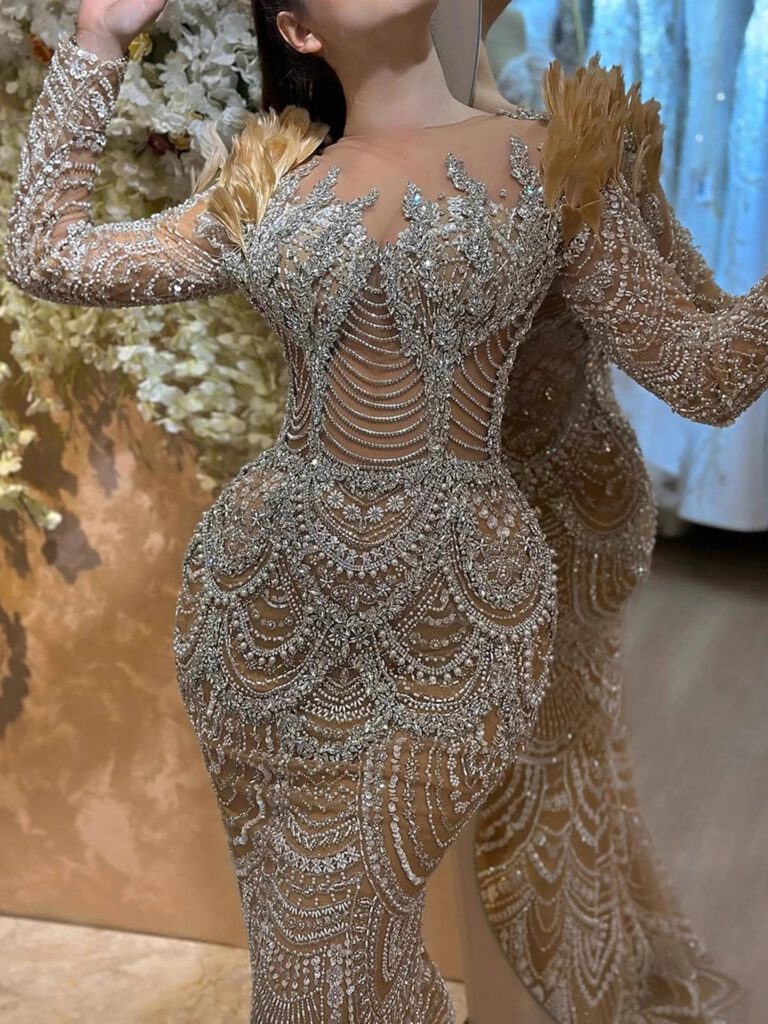 Nove Dress Nude Beaded Feather Long Sleeve Mermaid Evening Dress