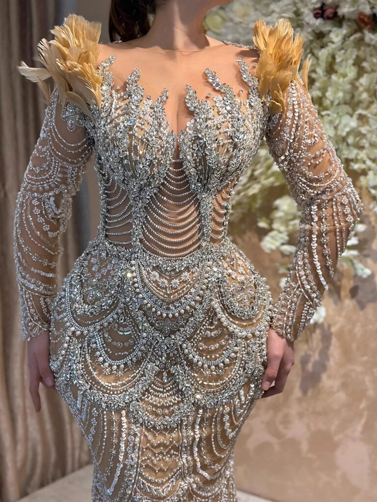 Nove Dress Nude Beaded Feather Long Sleeve Mermaid Evening Dress