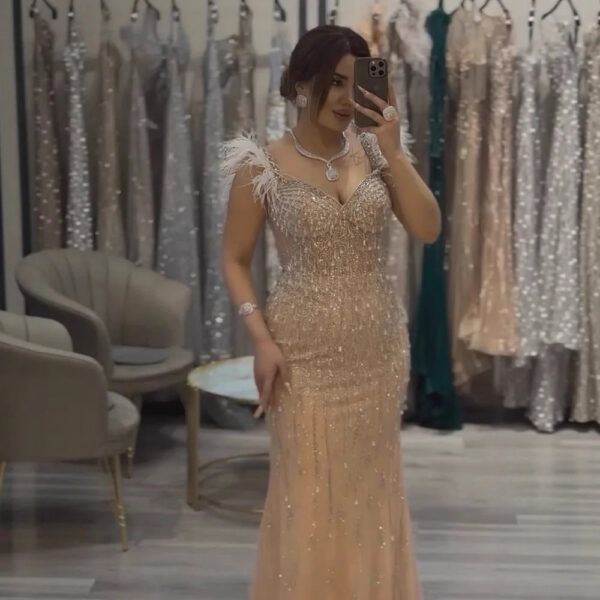 Nove Dress Nude Beaded Feather Mermaid Arabic Evening Dress 1 - Nove Dress
