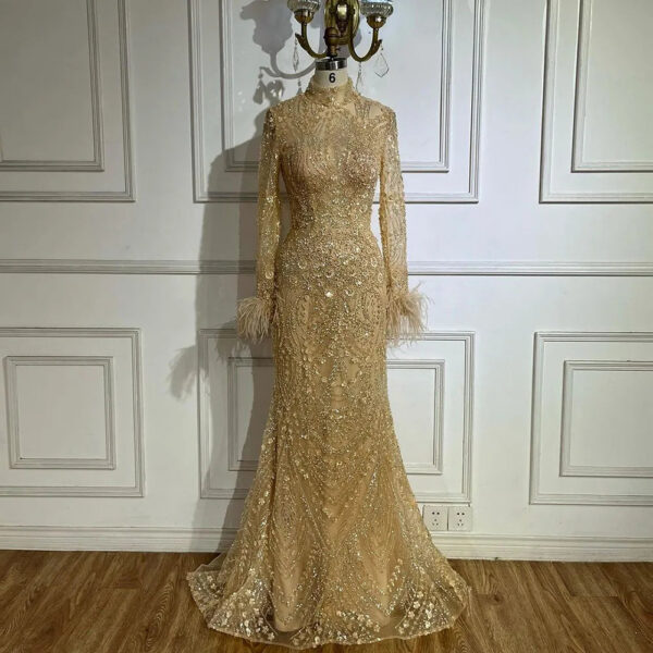 Nove Dress Nude Beaded Feather Mermaid Evening Dress 1 - Nove Dress