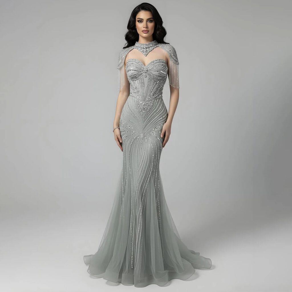 Nove Dress Nude Beaded High Neck Mermaid Evening Dress