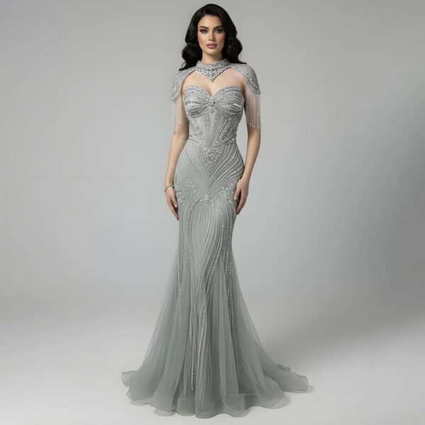Nove Dress Nude Beaded High Neck Mermaid Evening Dress 1 - Nove Dress
