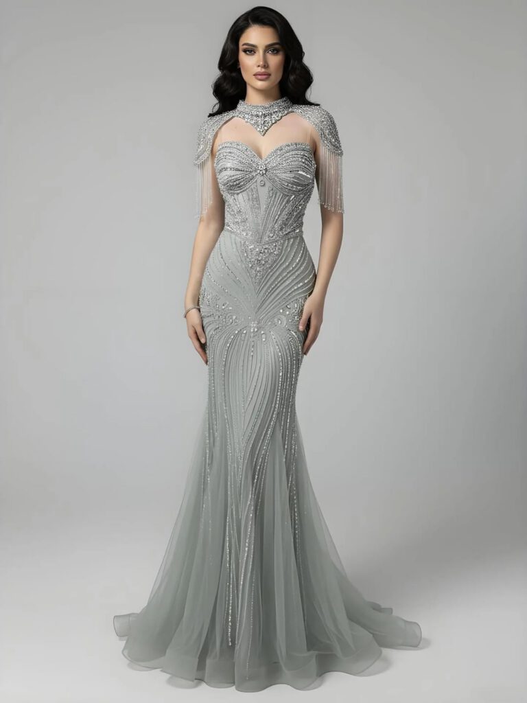Nove Dress Nude Beaded High Neck Mermaid Evening Dress