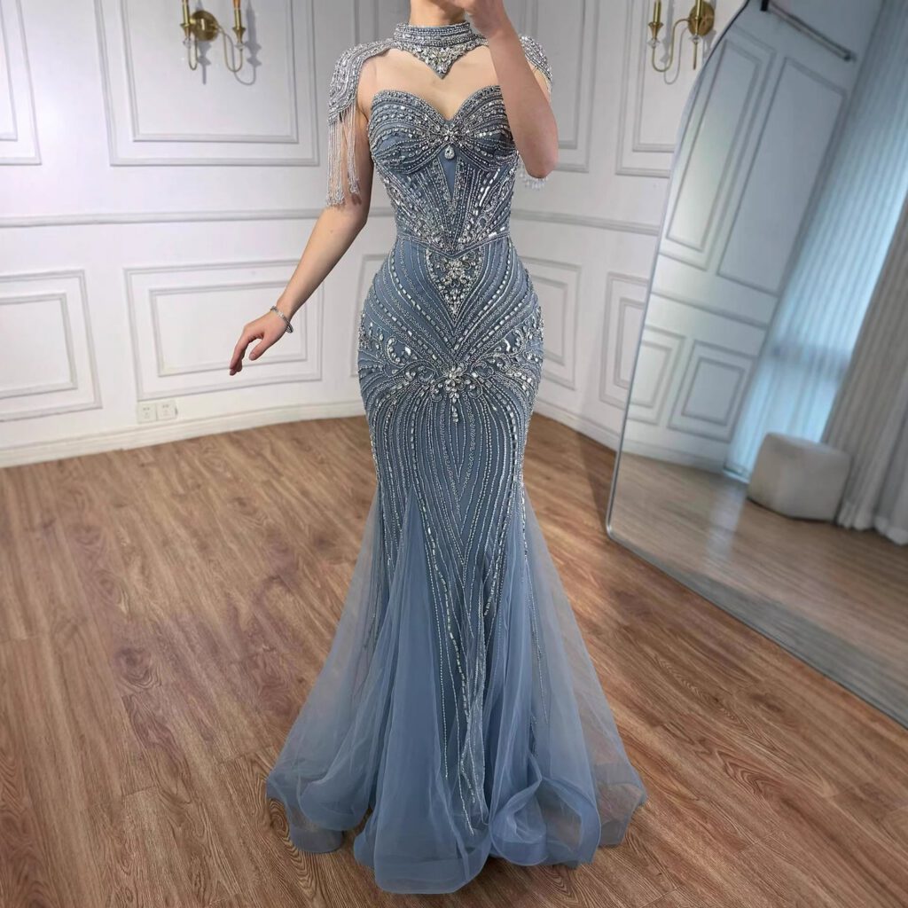 Nove Dress Nude Beaded High Neck Mermaid Evening Dress
