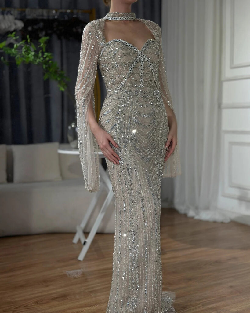 Nove Dress nude Meerjungfrau Abendkleid mit Perlenstickerei und hohem Schlitz im arabischen