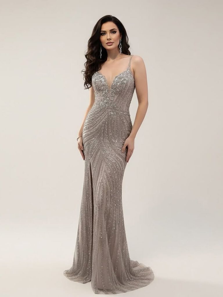 Nove Dress Nude Beaded High Slit Mermaid Evening Dress